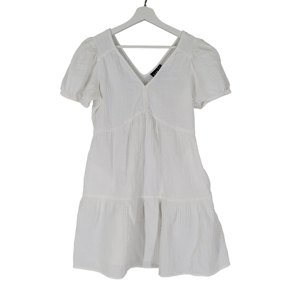 Gap Tiered Mini Dress Women Small White Cotton Gauze Puff Sleeve V-Neck Boho